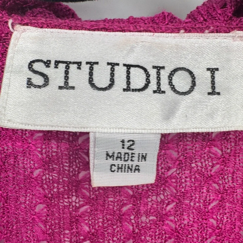 Studio I Dress & Cardigan Set Womens 12 Magenta Floral Ruffle Good 2pc Modest